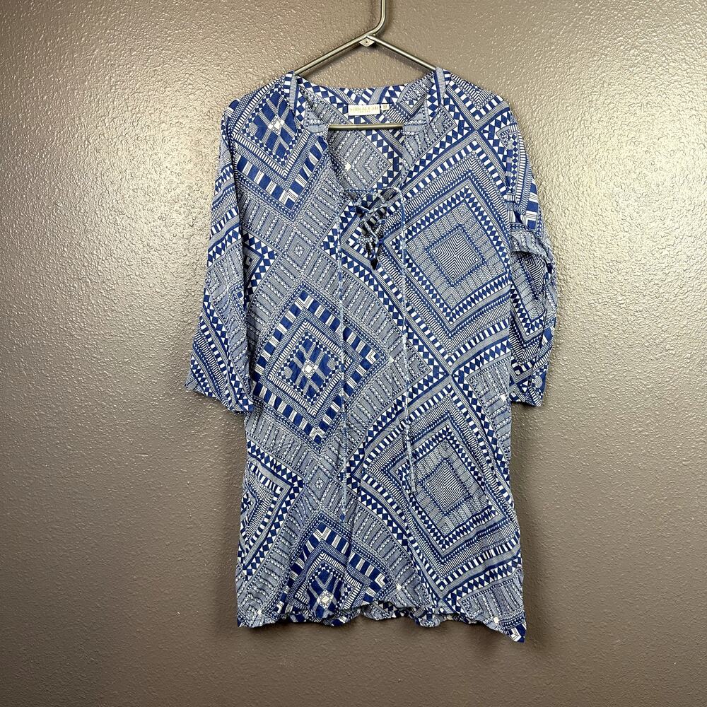 Shiraleah Women's Medium Blue Geometric Print Cover Up Dress Beach 3/4 Sleeve